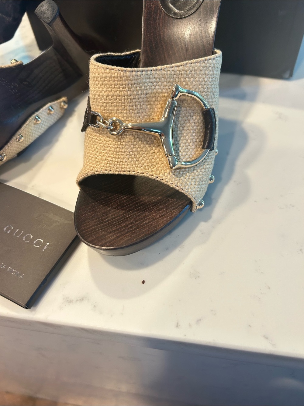 Gucci Beige Canvas Horsebit Studded Mule Heels - Picture 3 of 6